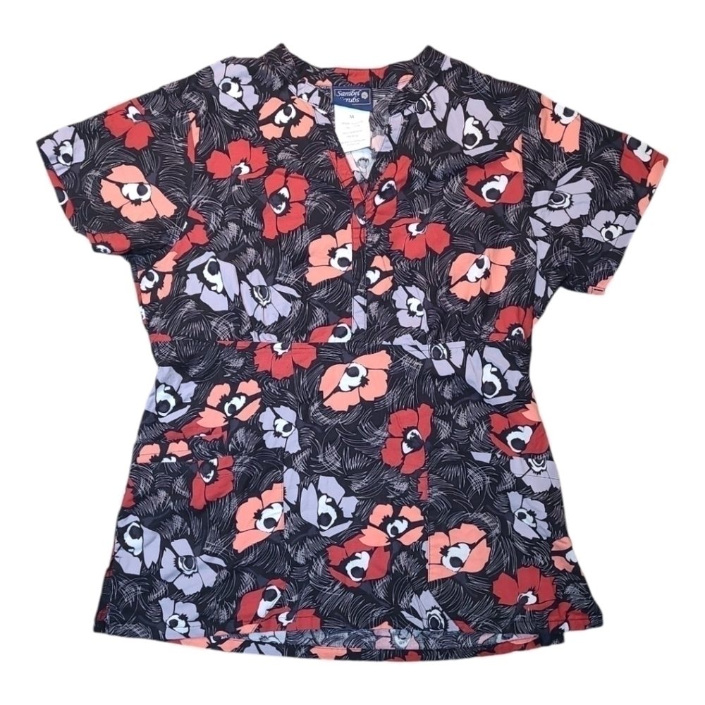 Sanibel Floral Scrub Top Gray Red Front Pockets Size Medium